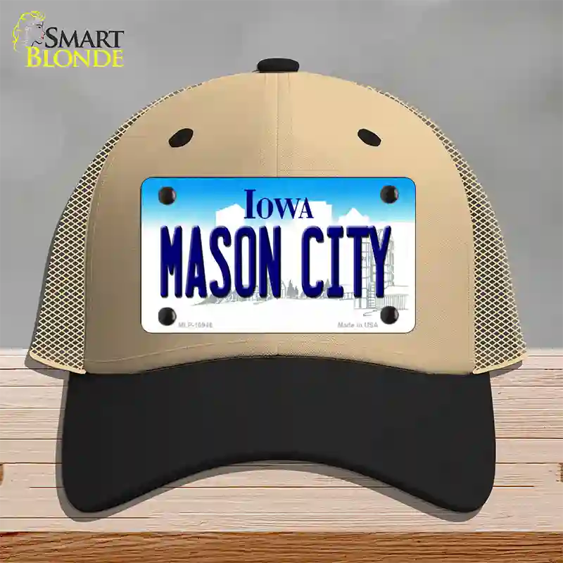 Mason City Iowa Novelty License Plate Hat Mesh / Khaki|Black