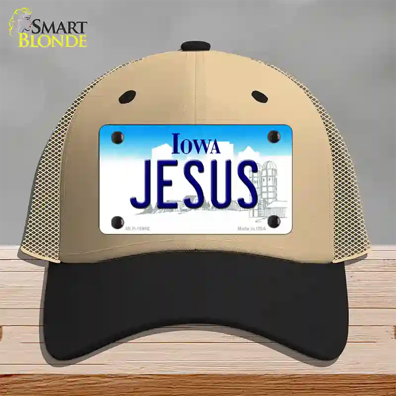 Jesus Iowa Novelty License Plate Hat Mesh / Khaki|Black