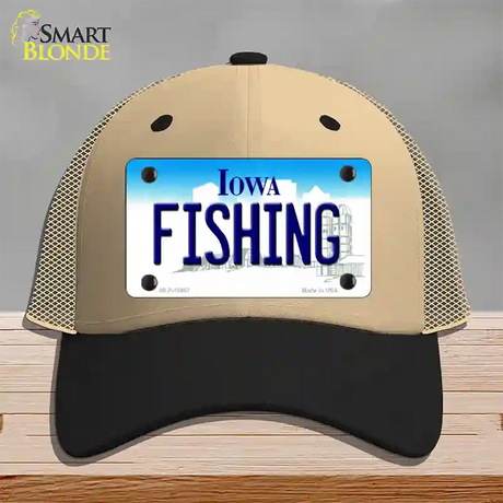 Fishing Iowa Novelty License Plate Hat Mesh / Khaki|Black