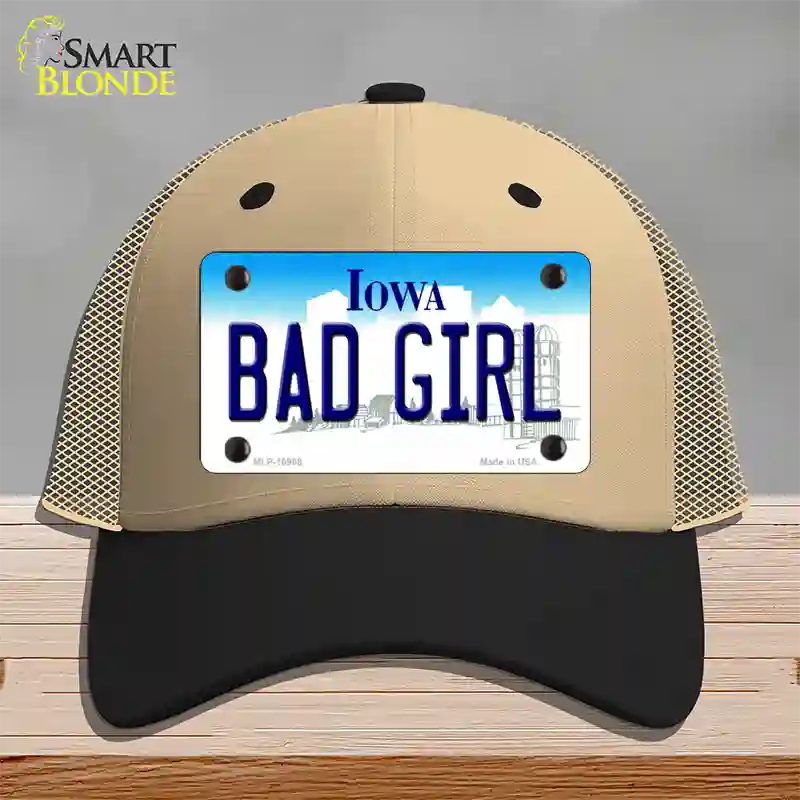 Bad Girl Iowa Novelty License Plate Hat Mesh / Khaki|Black