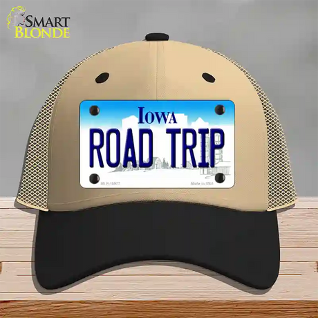 Road Trip Iowa Novelty License Plate Hat Mesh / Khaki|Black