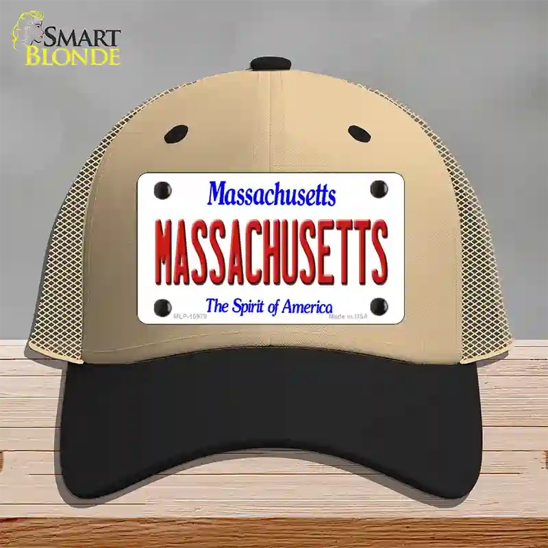 Massachusetts State Novelty License Plate Hat Mesh / Khaki|Black