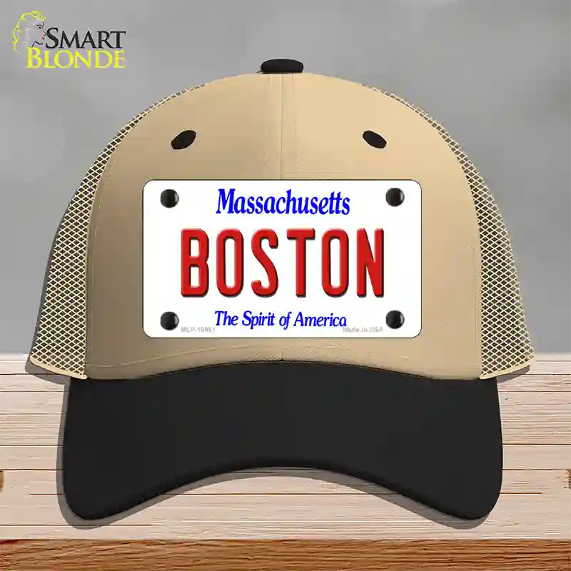 Boston Massachusetts Novelty License Plate Hat Mesh / Khaki|Black