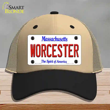 Worcester Massachusetts Novelty License Plate Hat Mesh / Khaki|Black