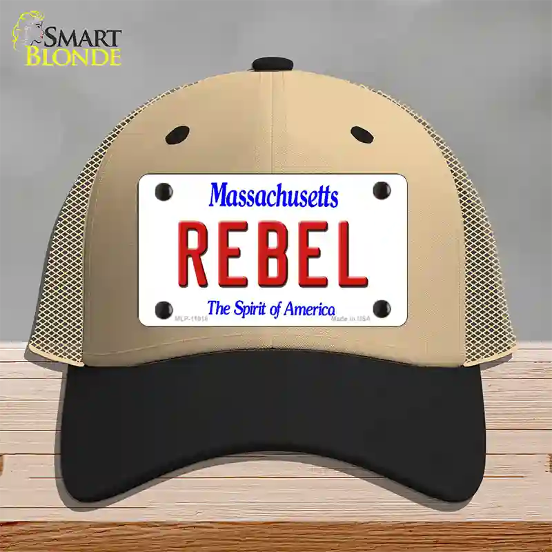 Rebel Massachusetts Novelty License Plate Hat Mesh / Khaki|Black