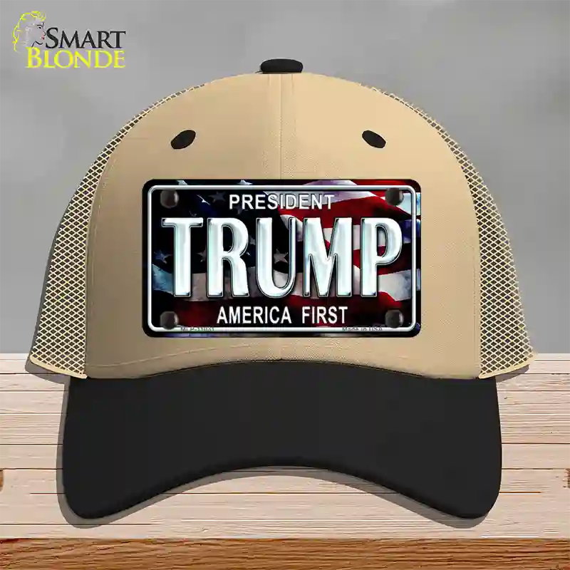 Trump America First Novelty License Plate Hat Mesh / Khaki|Black