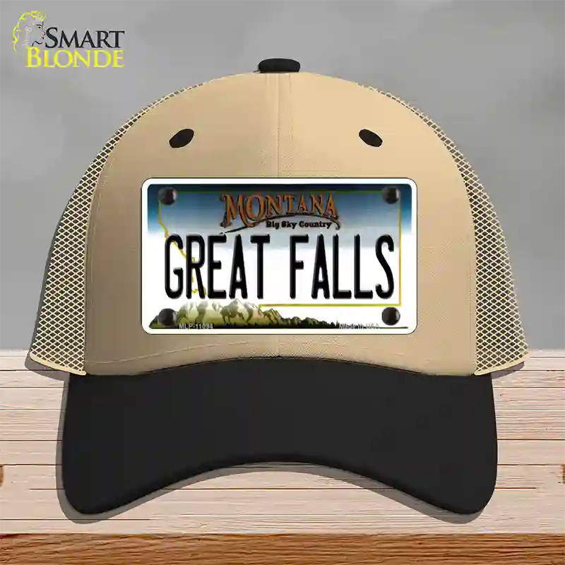 Great Falls Montana State Novelty License Plate Hat Mesh / Khaki|Black