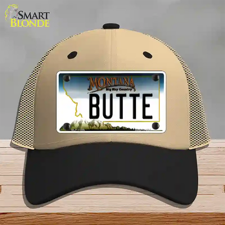 Butte Montana State Novelty License Plate Hat Mesh / Khaki|Black