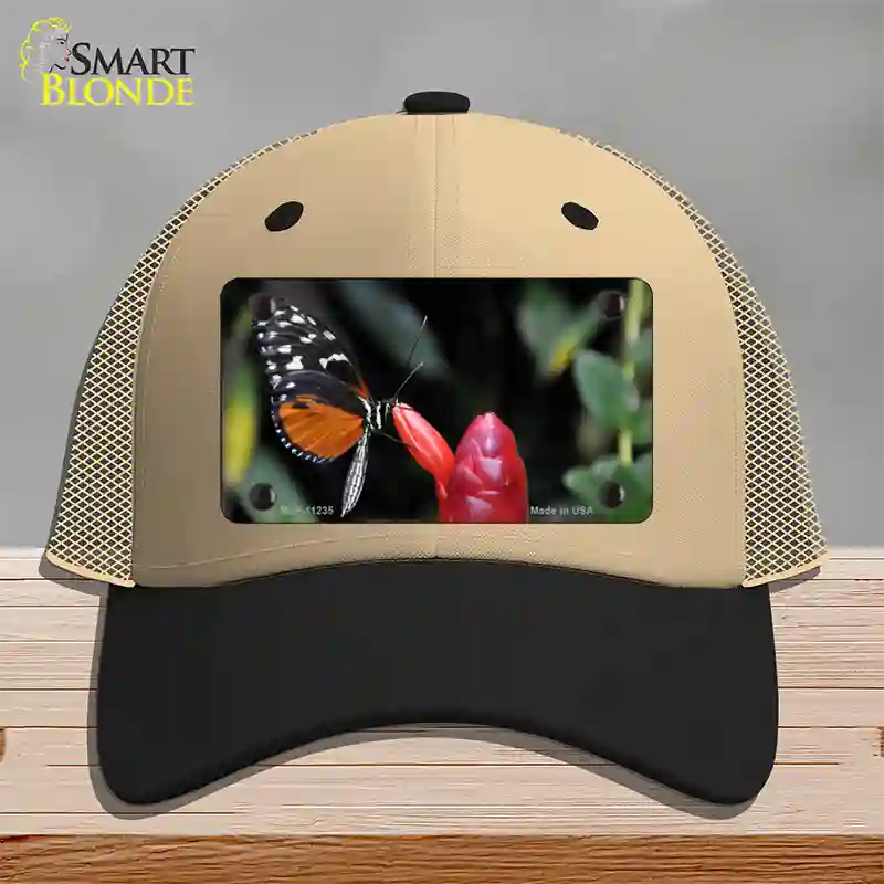 Butterfly On Red Flower Novelty License Plate Hat Mesh / Khaki|Black