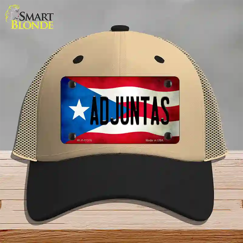 Adjuntas Puerto Rico Flag Novelty License Plate Hat Mesh / Khaki|Black