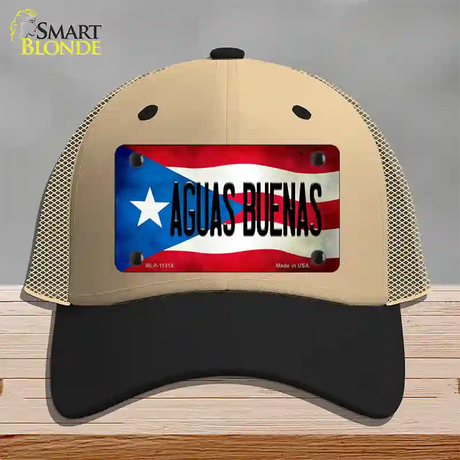 Aguas Buenas Puerto Rico Flag Novelty License Plate Hat Mesh / Khaki|Black