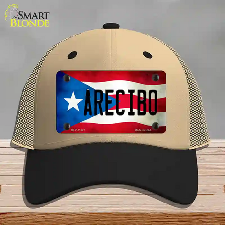 Arecibo Puerto Rico Flag Novelty License Plate Hat Mesh / Khaki|Black