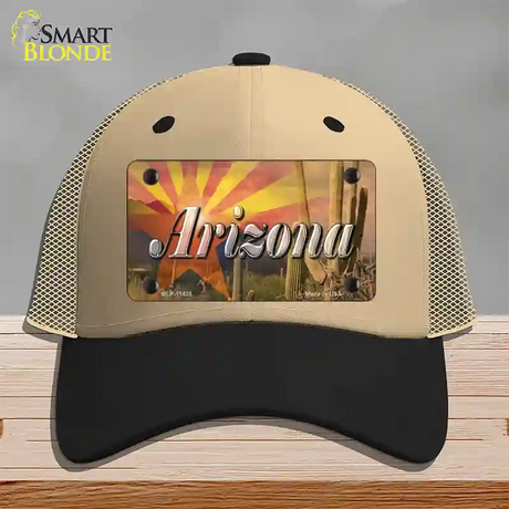 Arizona State Flag Overlay On Cactus Novelty License Plate Hat Mesh / Khaki|Black