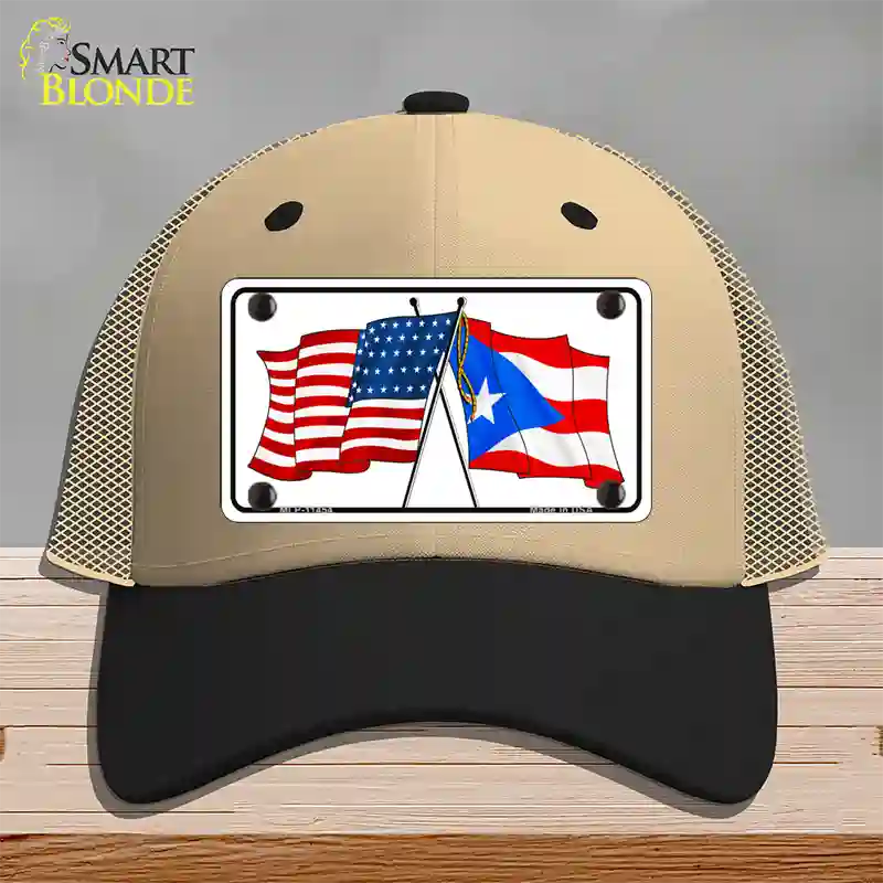 Puerto Rico Crossed US Flag Novelty License Plate Hat Mesh / Khaki|Black