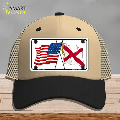 Alabama Crossed US Flag Novelty License Plate Hat Mesh / Khaki|Black