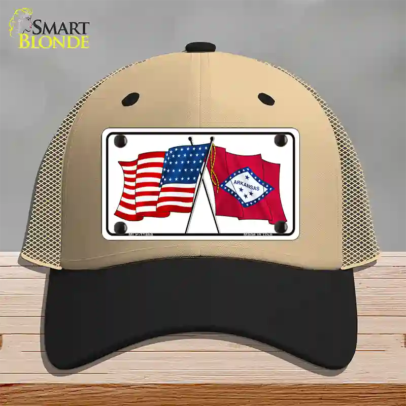 Arkansas Crossed US Flag Novelty License Plate Hat Mesh / Khaki|Black