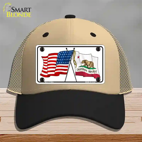 California Crossed US Flag Novelty License Plate Hat Mesh / Khaki|Black