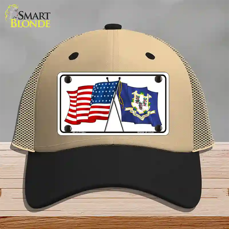 Connecticut Crossed US Flag Novelty License Plate Hat Mesh / Khaki|Black