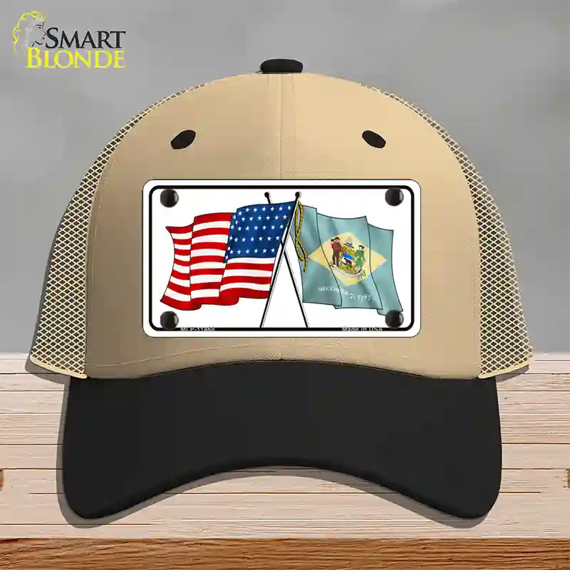 Delaware Crossed US Flag Novelty License Plate Hat Mesh / Khaki|Black