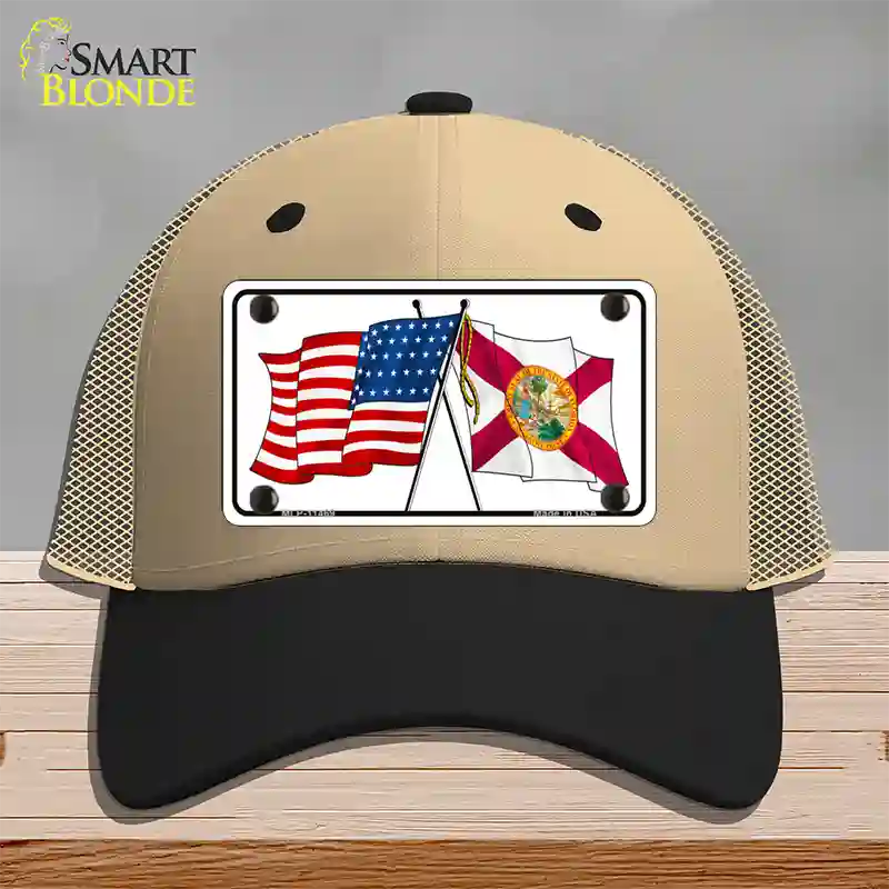 Florida Crossed US Flag Novelty License Plate Hat Mesh / Khaki|Black