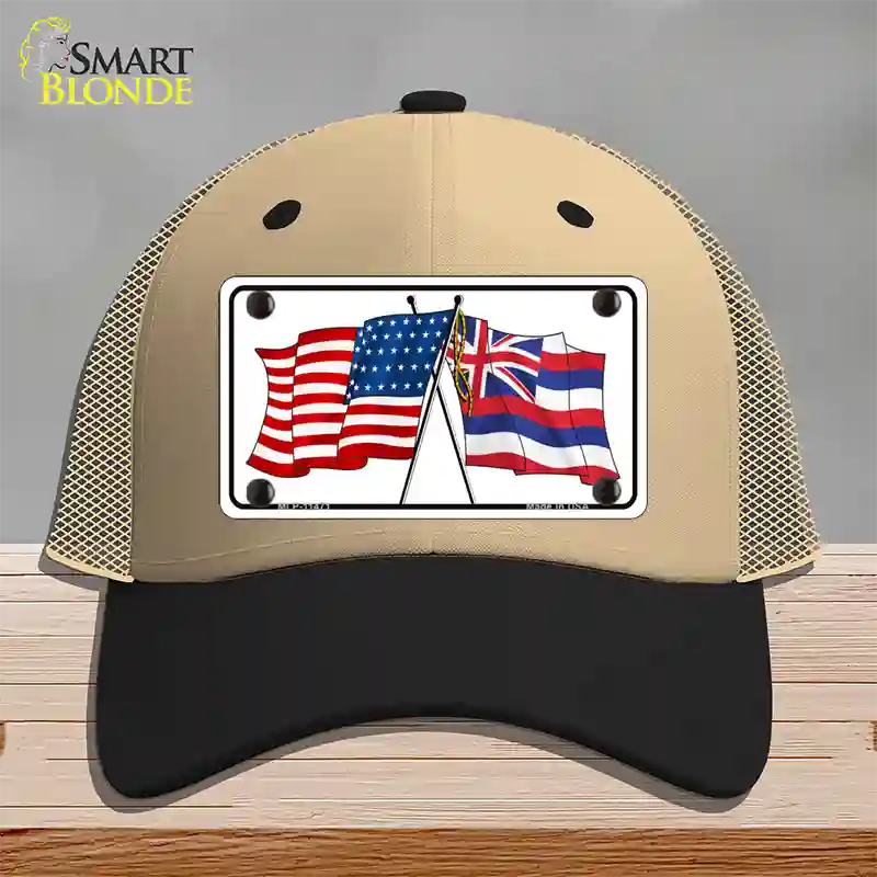 Hawaii Crossed US Flag Novelty License Plate Hat Mesh / Khaki|Black