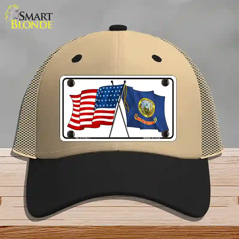 Idaho Crossed US Flag Novelty License Plate Hat Mesh / Khaki|Black