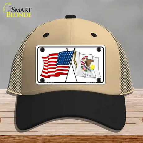 Illinois Crossed US Flag Novelty License Plate Hat Mesh / Khaki|Black