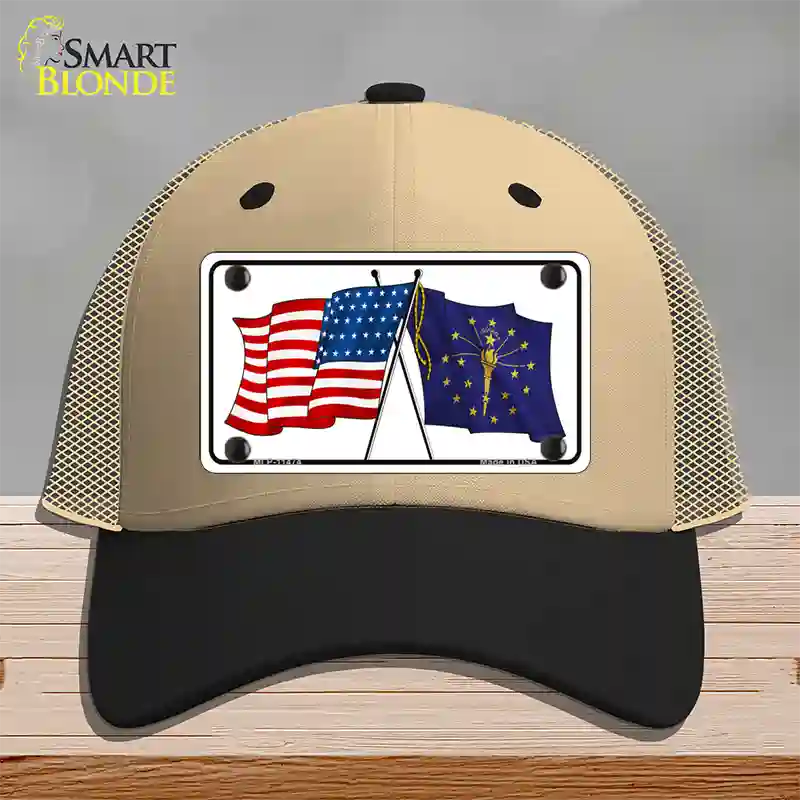 Indiana Crossed US Flag Novelty License Plate Hat Mesh / Khaki|Black