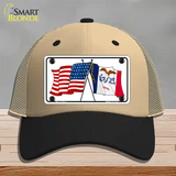 Iowa Crossed US Flag Novelty License Plate Hat Mesh / Khaki|Black