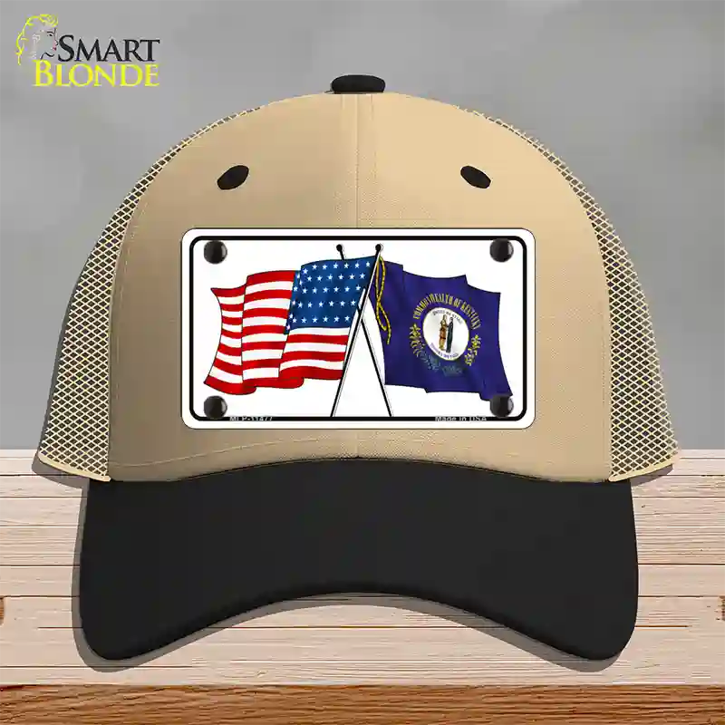 Kentucky Crossed US Flag Novelty License Plate Hat Mesh / Khaki|Black