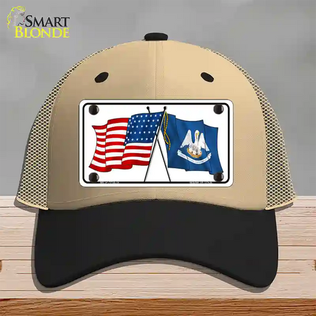 Louisiana Crossed US Flag Novelty License Plate Hat Mesh / Khaki|Black