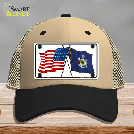 Maine Crossed US Flag Novelty License Plate Hat Mesh / Khaki|Black