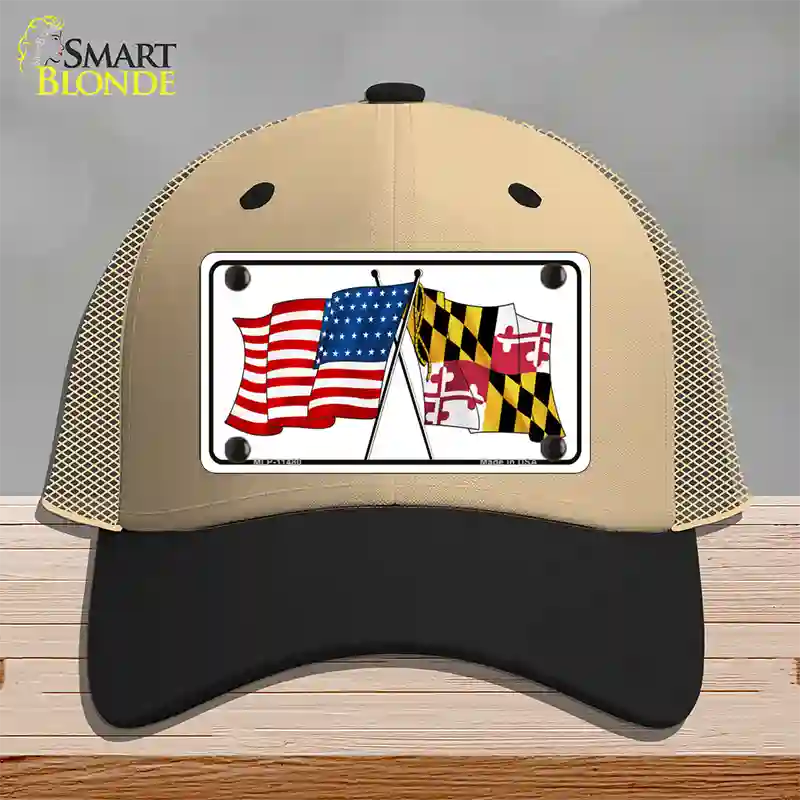 Maryland Crossed US Flag Novelty License Plate Hat Mesh / Khaki|Black