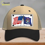 Michigan Crossed US Flag Novelty License Plate Hat Mesh / Khaki|Black