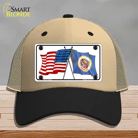 Minnesota Crossed US Flag Novelty License Plate Hat Mesh / Khaki|Black