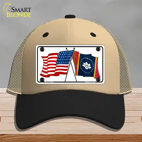 Mississippi Crossed US Flag Novelty License Plate Hat Mesh / Khaki|Black