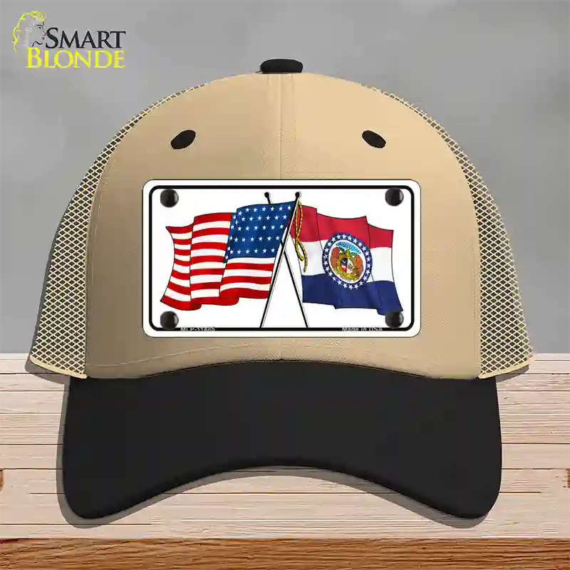 Missouri Crossed US Flag Novelty License Plate Hat Mesh / Khaki|Black