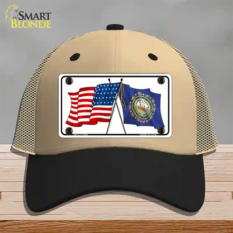 New Hampshire Crossed US Flag Novelty License Plate Hat Mesh / Khaki|Black