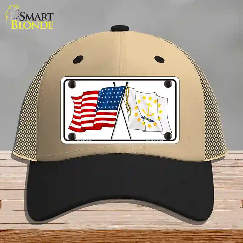 Rhode Island Crossed US Flag Novelty License Plate Hat Mesh / Khaki|Black