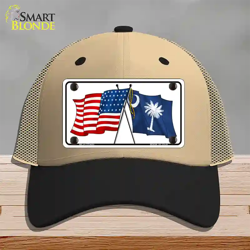 South Carolina Crossed US Flag Novelty License Plate Hat Mesh / Khaki|Black