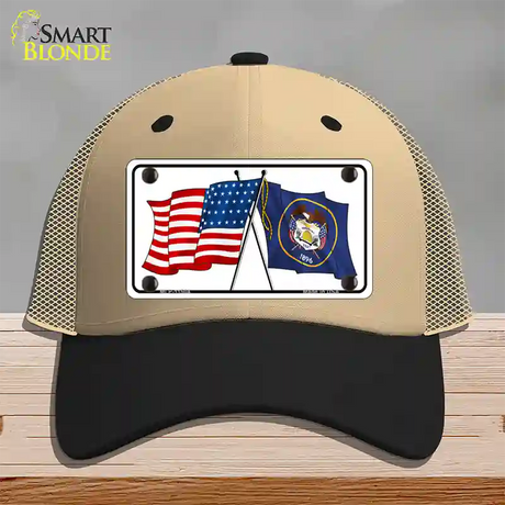 Utah Crossed US Flag Novelty License Plate Hat Mesh / Khaki|Black