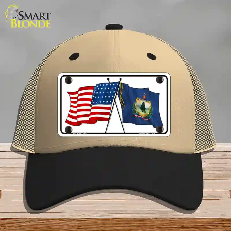 Vermont Crossed US Flag Novelty License Plate Hat Mesh / Khaki|Black