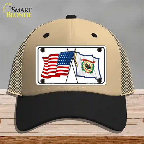 West Virginia Crossed US Flag Novelty License Plate Hat Mesh / Khaki|Black