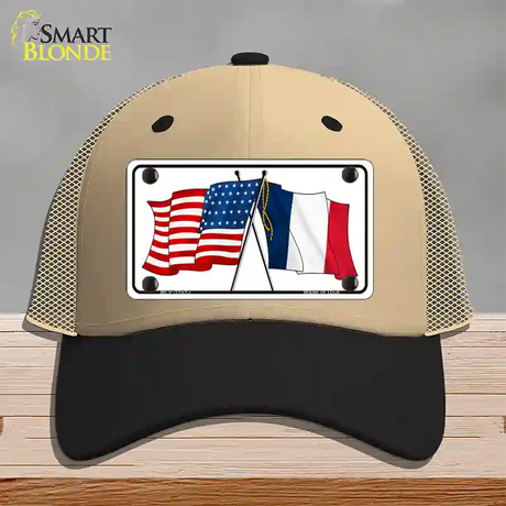 France Crossed US Flag Novelty License Plate Hat Mesh / Khaki|Black