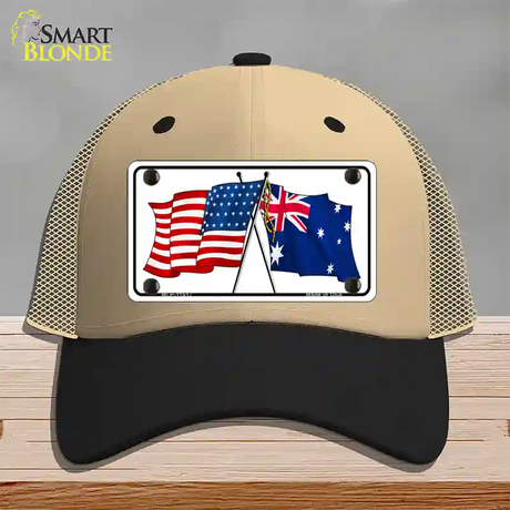 Australia Crossed US Flag Novelty License Plate Hat Mesh / Khaki|Black