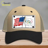 Olympic Crossed US Flag Novelty License Plate Hat Mesh / Khaki|Black