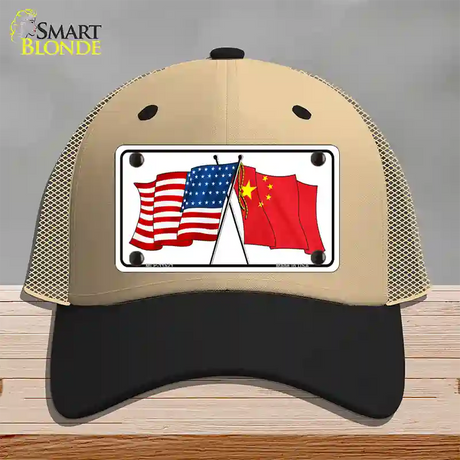 China Crossed US Flag Novelty License Plate Hat Mesh / Khaki|Black