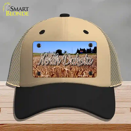 North Dakota Wheat Farm State Novelty License Plate Hat Mesh / Khaki|Black