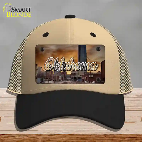 Oklahoma Sunset Skyline State Novelty License Plate Hat Mesh / Khaki|Black