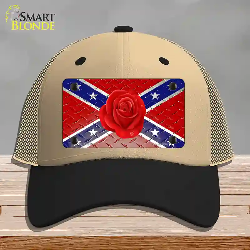 Confederate Flag With Red Rose Novelty License Plate Hat Mesh / Khaki|Black